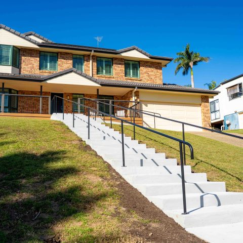 hard wood access steps with white rail