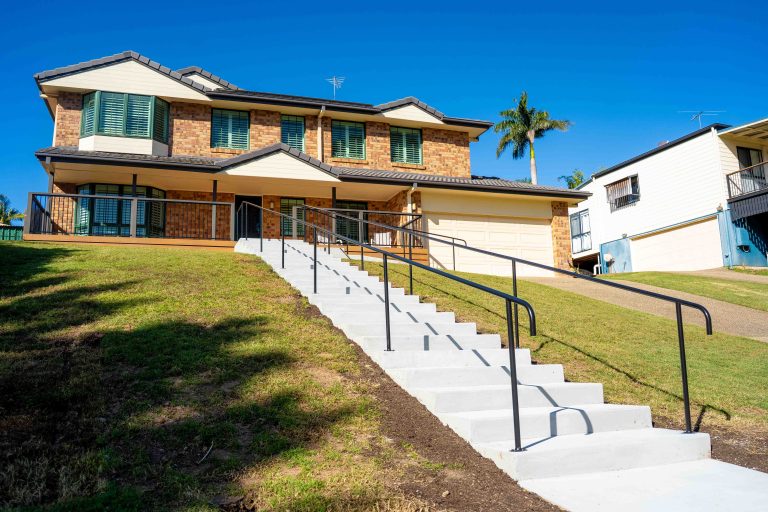 hard wood access steps with white rail
